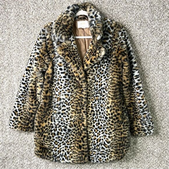 1 Sunset Lane Coat Women’s Medium Leopard Print 2 Snap Front Faux Fur - Picture 1 of 9